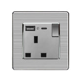 13A 1-Gang Switched Socket with USB Type A & Type C Ports -  Stainless Steel Brushed